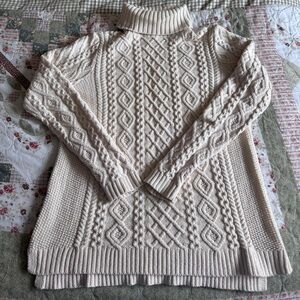 Lands' End Cream Cable-Knit Turtleneck Sweater